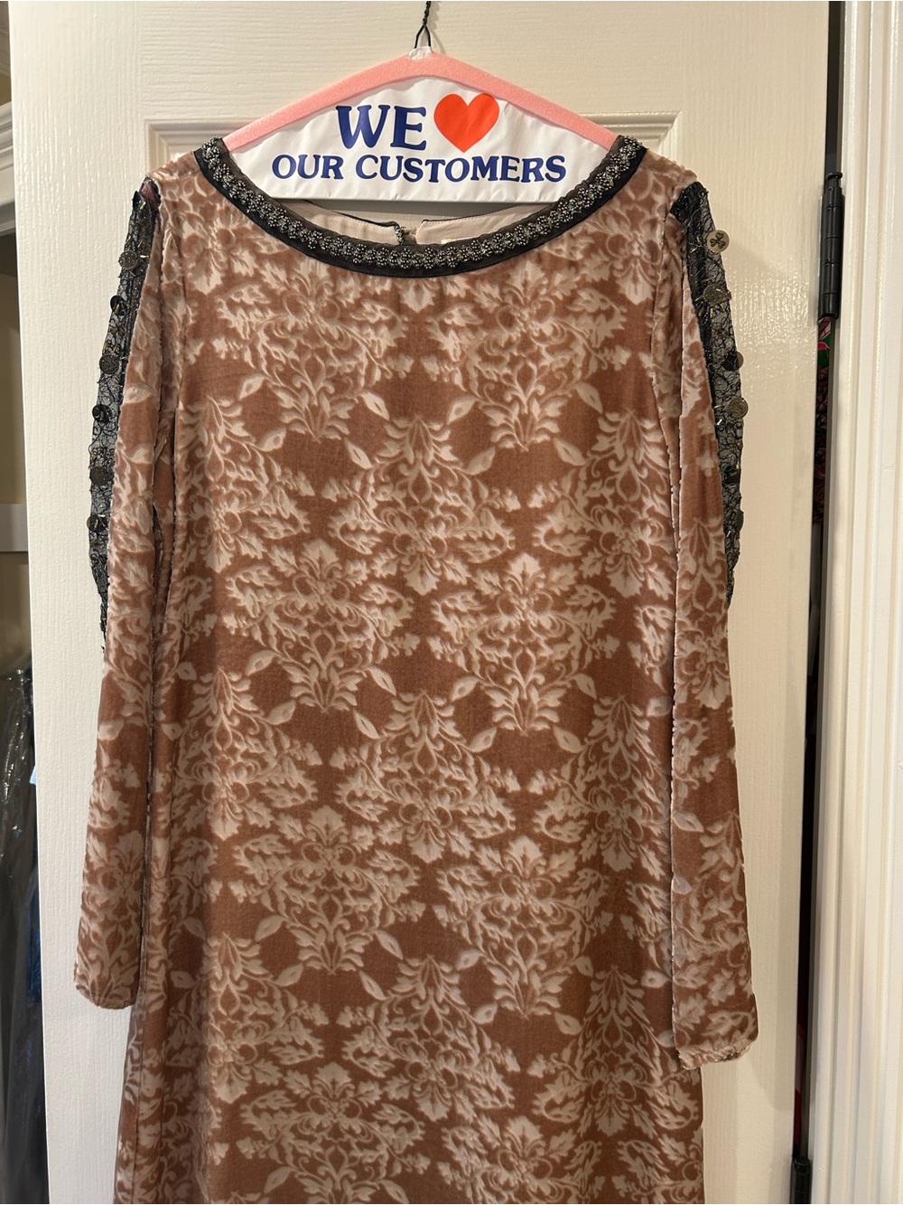 Sundance Brown and Cream Floral Velvet Long Sleeve Dress with Black Trim